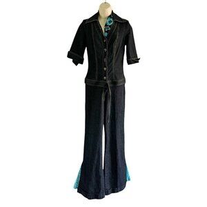 Vintage Bisou Bisou Y2k Woman's Sz S Dark Demin Jumpsuit w/ Added Flared Legs